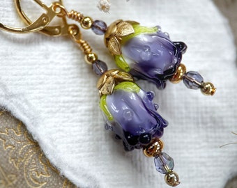 Purple petals exquisite lampwork glass tulip flower earrings with gold finished stainless hooks