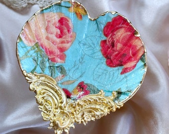 Heart shaped floral decoupage shell trinket dish with brass embellishments and display stand