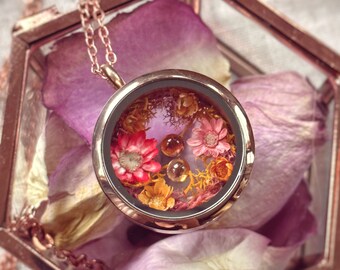Fairy Garden Floating Locket Necklace in rose gold finished stainless steel with real flowers and gemstones inside, ooak