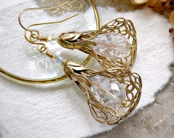 Victorian filigree brass and crystal flower earrings, choose your stainless steel hooks