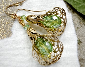 Victorian filigree brass and bright green crystal flower earrings, choose your stainless steel hooks