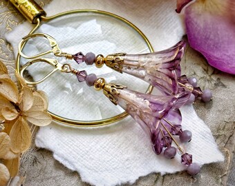 Dusky mauve shimmer color mix fairy flower earrings, lucite flower earrings, hand painted, choose your stainless steel hooks