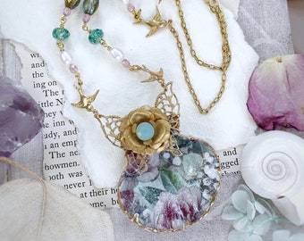 Shabby Chic Heirloom Roses Decoupaged Shell Statement Necklace with vintage metal accents, mermaid fantasy vintage shell necklace