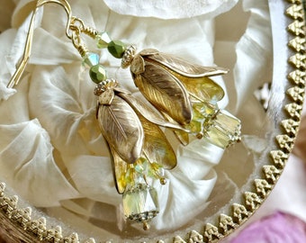 Fairytale flower earrings, bright brass and crystal beaded vintage inspired earrings, ooak