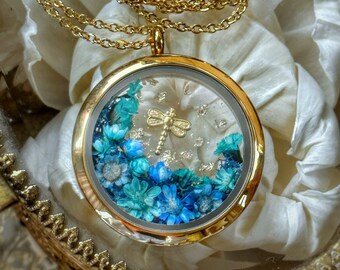 Secret Garden Floating Locket, real preserved flower terrarium shadowbox necklace, gold finished stainless steel, ooak