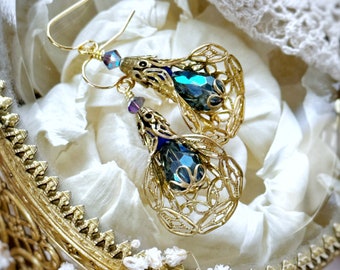 Fairytale flower earrings, bright brass filigree and crystal beaded vintage inspired earrings, ooak