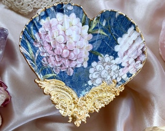 Heart shaped floral decoupage shell trinket dish with brass embellishments and display stand