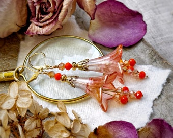 Orange bliss color mix fairy flower earrings, lucite flower earrings, hand painted, choose your stainless steel hooks