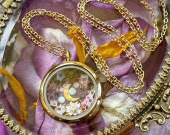 Fairy Garden Floating Locket Necklace in gold finished stainless steel with real flowers and opal gemstones inside, ooak