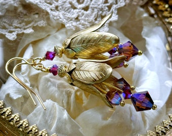 Fairytale flower earrings, bright brass and crystal beaded vintage inspired earrings, ooak