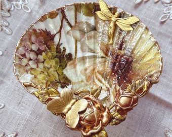 Enchanting Victorian floral decoupage shell trinket dish with vintage brass and fairy embellishments and display stand