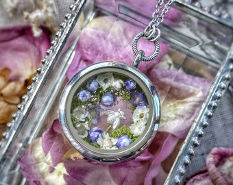 Lavender Bee Garden Floating Locket Necklace in silver finished stainless steel with real flowers inside, ooak