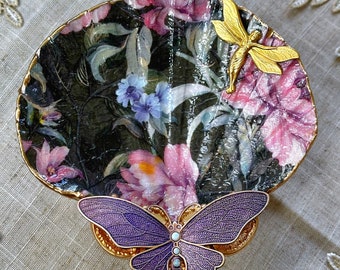 Enchanting Victorian floral decoupage shell trinket dish with opals and fairy embellishments and display stand