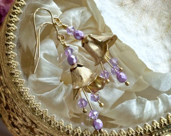 Fairytale flower earrings, bright brass and crystal beaded vintage inspired earrings, ooak, stainless steel hooks