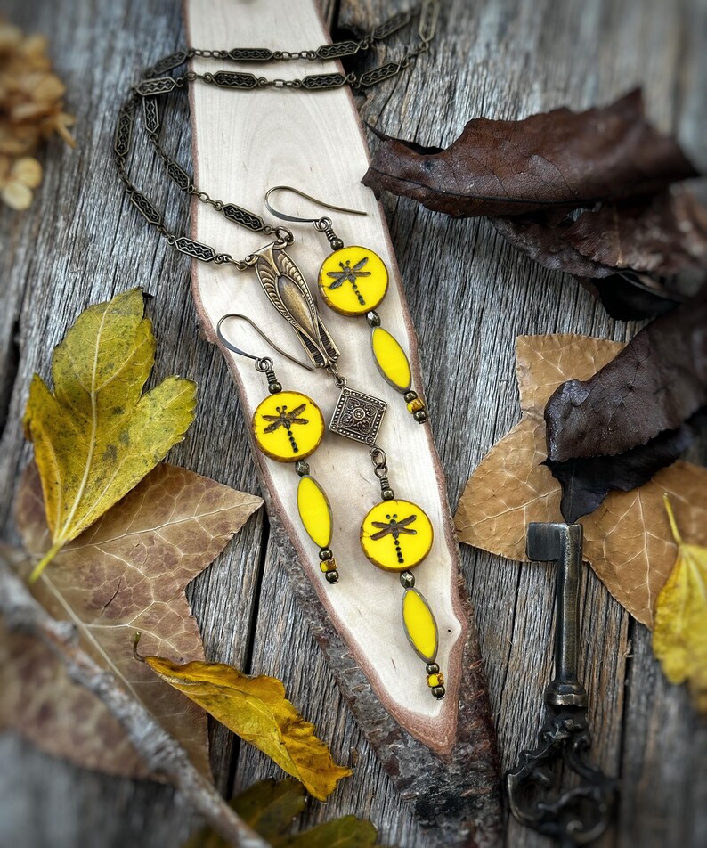 Harvest Dragonflies Set, Matching Czech Glass Necklace and Earrings in