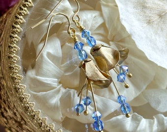 Fairytale flower earrings, bright brass and crystal beaded vintage inspired earrings, ooak