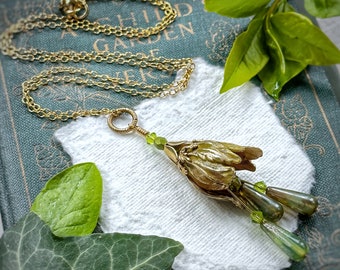 Green fairy vintage style tulip necklace in bright green and brass