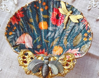 Enchanting Victorian floral decoupage shell trinket dish with vintage brass and fairy embellishments and display stand