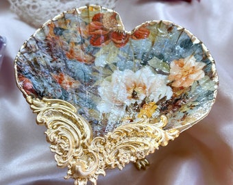 Heart shaped floral decoupage shell trinket dish with brass embellishments and display stand