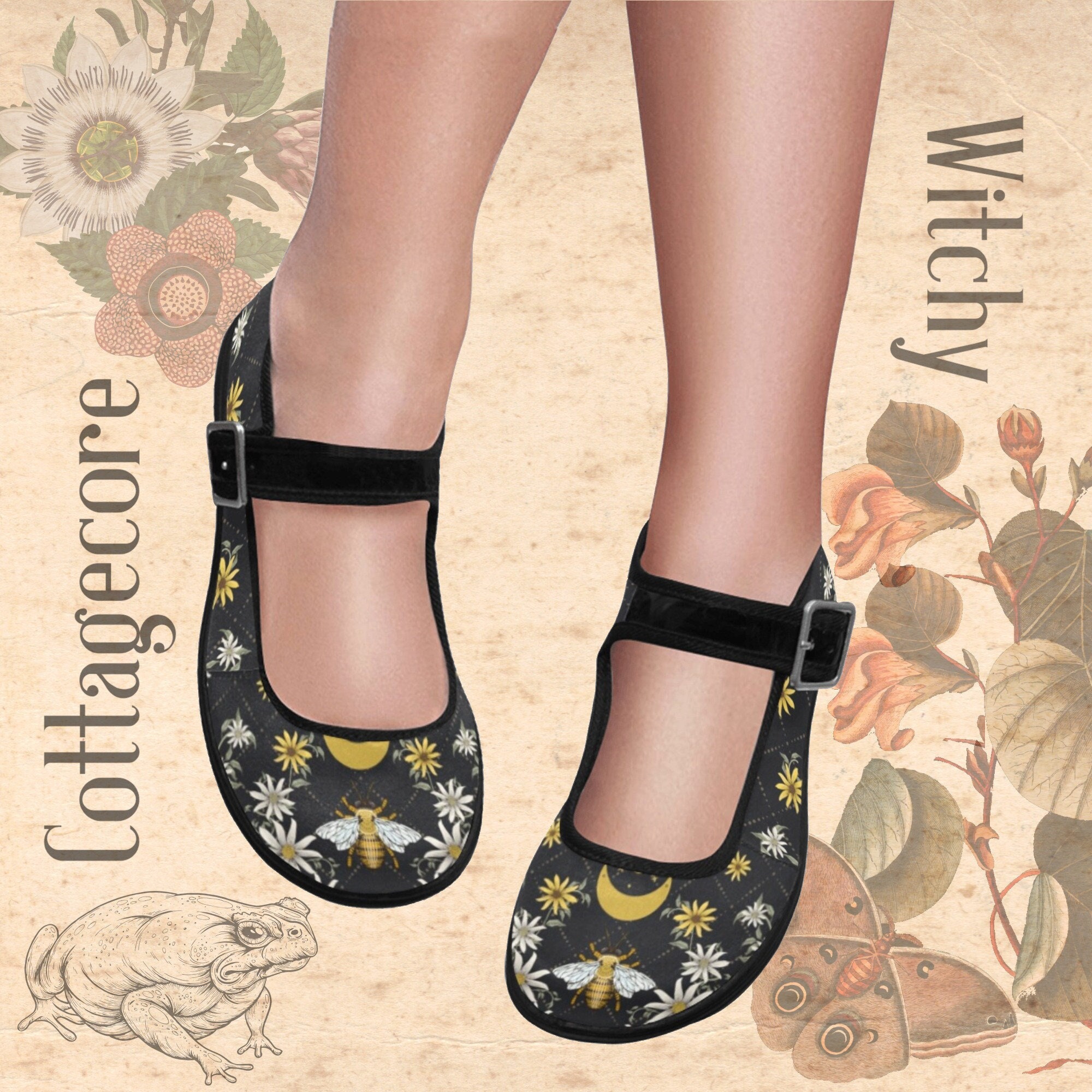 Cottagecore Witchy Mary Jane Shoes Bee Flowers Occult Shoes Etsy