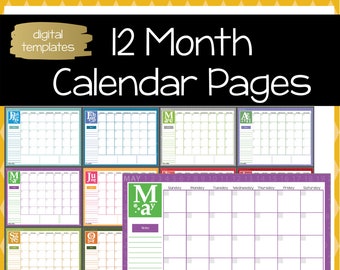 12 Month Calendar Pages for Monthly Planning Digital Insert Printable
