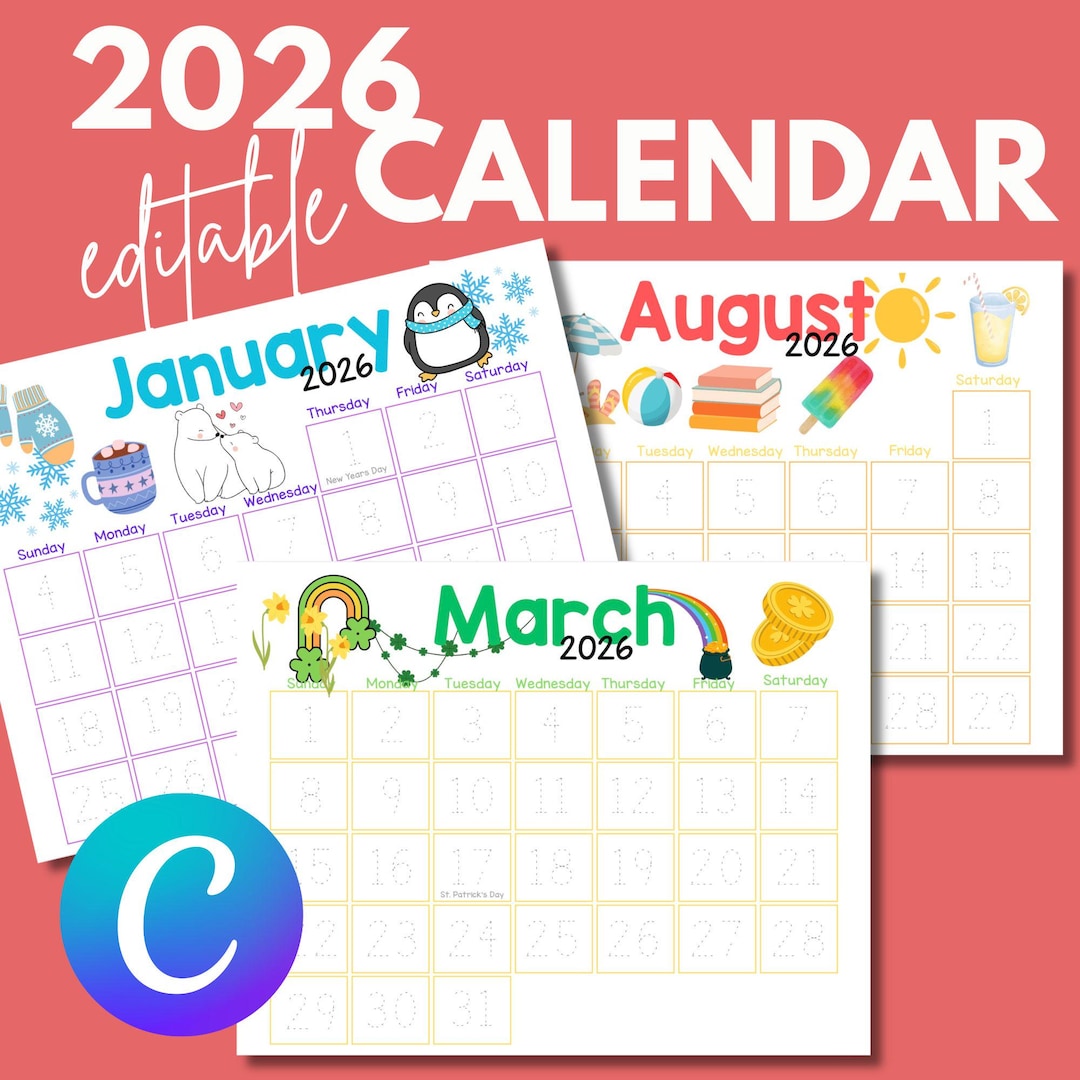 2026 Cute Kids Calendar Printable, Editable CANVA Template (PDF) - Etsy ...