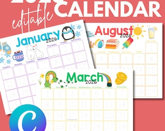 2026 Cute Kids Calendar Printable, Editable CANVA Template (PDF)