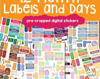 12 Month Labels and Days- GOODNOTES & NOTEFUL Monthly Planner Stickers- Journaling - pre-cropped - Digital Planning
