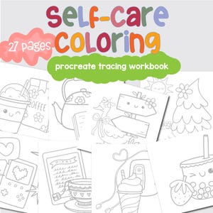 May include: A set of 27 black and white coloring pages featuring cute illustrations of self-care activities, such as drinking coffee, reading a book, and taking a bath. The pages are designed for use with the Procreate app.