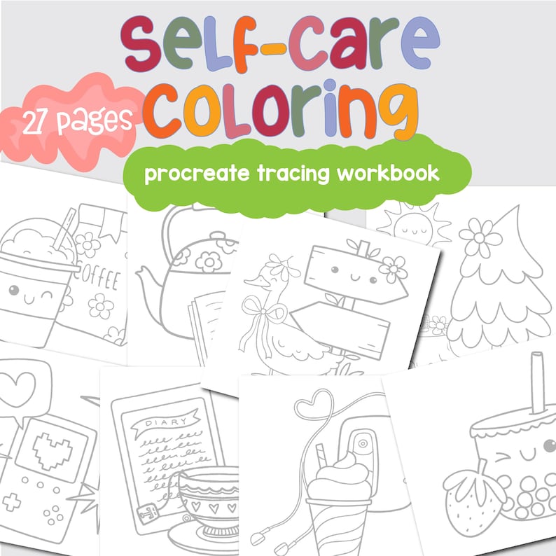 May include: A set of 27 black and white coloring pages featuring cute illustrations of self-care activities, such as drinking coffee, reading a book, and taking a bath. The pages are designed for use with the Procreate app.