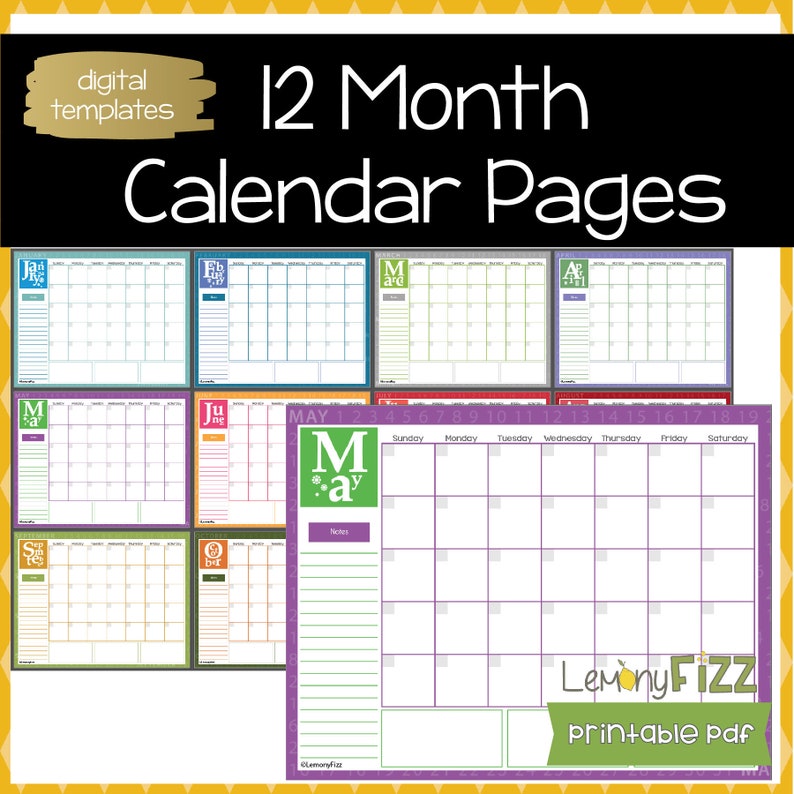 12 Month Calendar Pages for Monthly Planning Digital Insert Etsy México