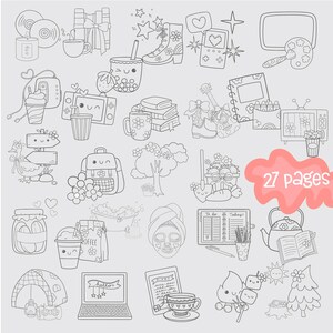 May include: A set of 27 black and white line art illustrations featuring various cute and trendy designs. The illustrations include a variety of objects such as a coffee cup, a backpack, a potted plant, a book, a TV, a notebook, a bath tub, a teacup, a campfire, a sun, a tree, a sign, a jar, a glass, a phone, a laptop, a diary, a headband, a pair of boots, a game console, a guitar, a record player, a paintbrush, a flower, a star, a heart, and a cloud.