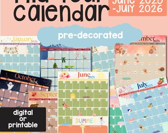 Mid-Year Decorated Monthly Calendars CANVA Template, NOTEFUL & GOODNOTES iPad planning, Digital months