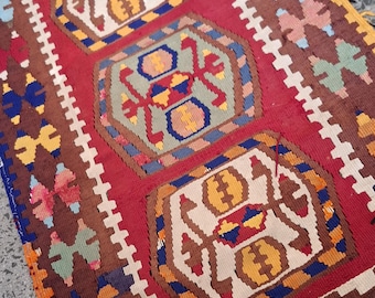 Handmade Rainbow Kilim Rug: Small Antique Wool Rug (2.7x1.3 ft)