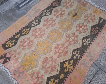 Handmade Wool Kilim Rug: Soft Colors, Antique Kitchen Decor (3.8X3 FEET)