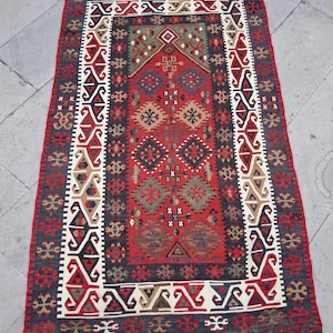 Handmade Wool Kilim Rug: Antique Tribal Design, 4.6x3 ft