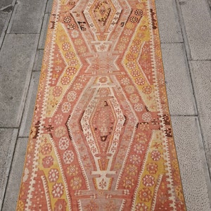 Handmade Wool Kilim Rug: Soft Colors, Vintage Kitchen Decor (6.8x2.7 ft)