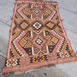Handmade Kilim Rug: Small Antique Kitchen Rug, Organic Wool (2.8x2.2 ft)