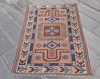 Handgemaakt vintage kelimtapijt: boho-kaukasisch geweven vloerkleed (5,1 x 3,6 ft.)