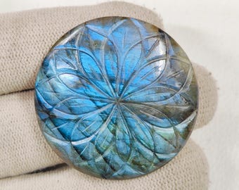 Natural Blue Flashy Labradorite Carving Loose Gemstone Size 38x38x7 MM Round Shape