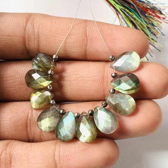 Green Flashy Labradorite Briolette Gemstone Strand Size 7x10 MM 10 beads  Full Flashy Labradorite Gemstone Beads Gift For her