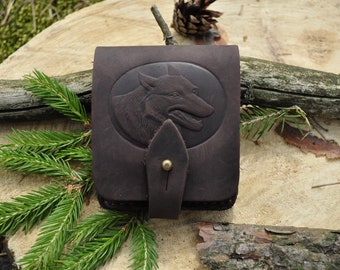 Genuine Leather Cartridge Holder, Wolf Picture, Hunter Ammo Pouch