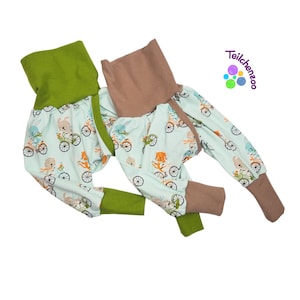 May include: Two pairs of light blue pants with a green and brown waistband. The pants have a pattern of animals riding bicycles. The text "Teilchenzoo" is visible in the upper right corner of the image.