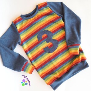 Può includere: Una maglietta a maniche lunghe a righe arcobaleno con maniche blu e un grande numero blu "3" sul davanti.