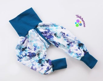 Organic split pants, slit pants, weaning pants diaper-free various sizes flowers in blue