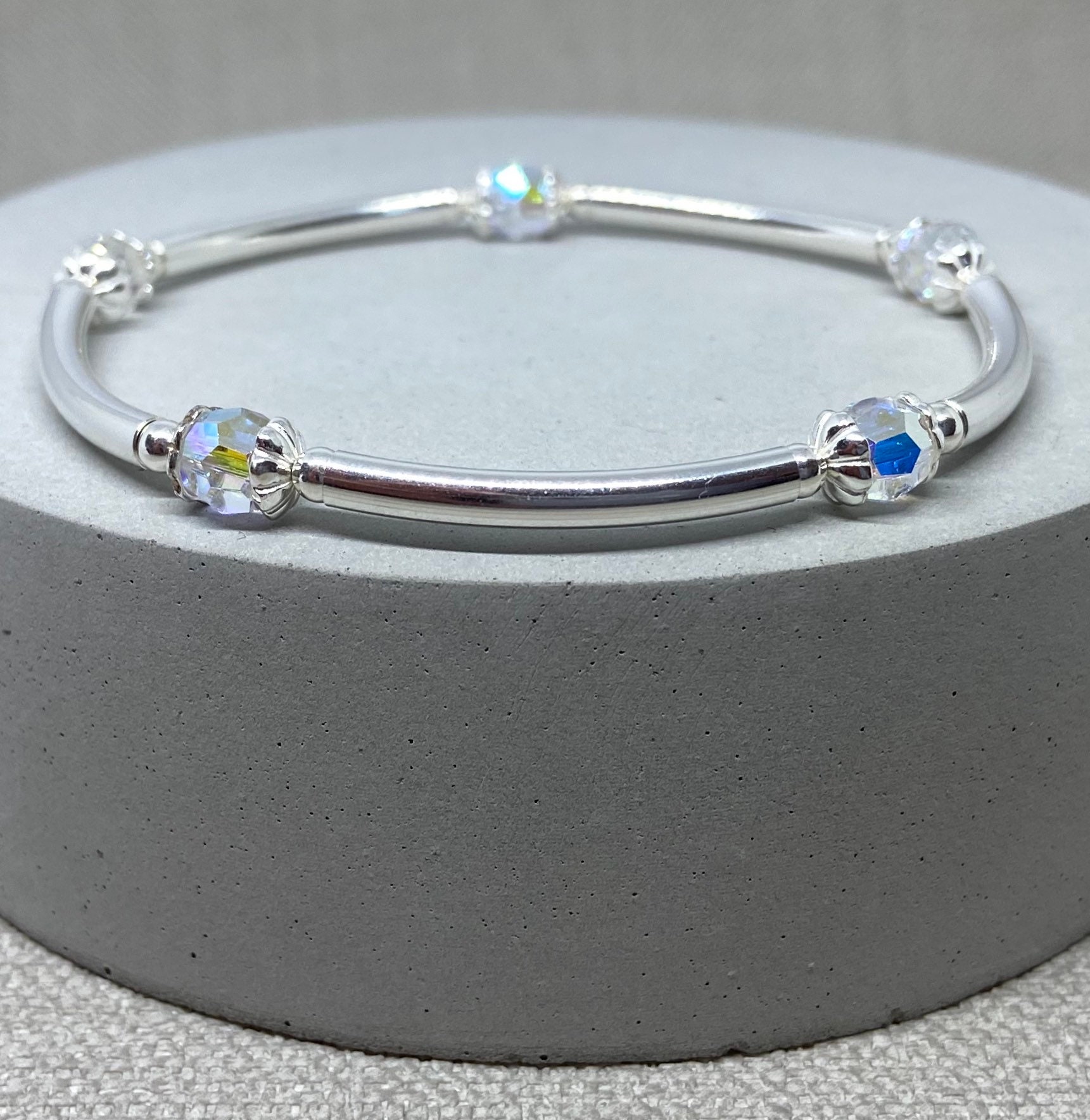 Sterling silver beaded stretch bracelet with swarovski crystal Etsy