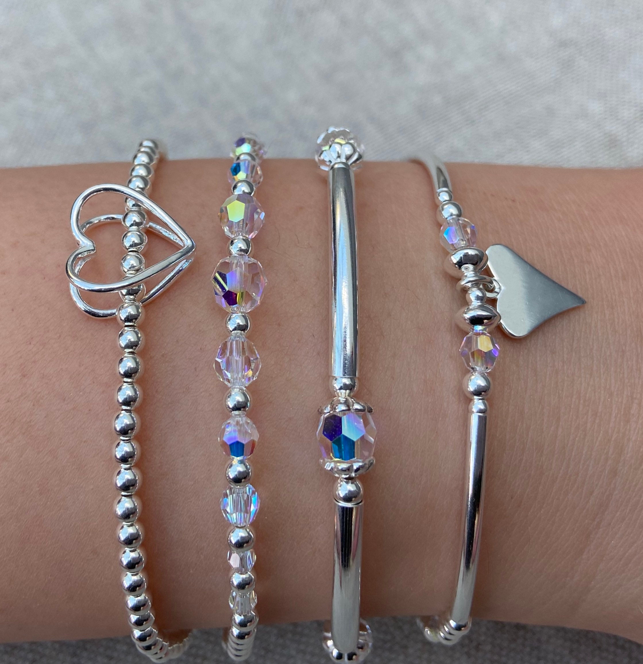 Sterling Silver beaded bracelet stack with Crystals and heart Etsy