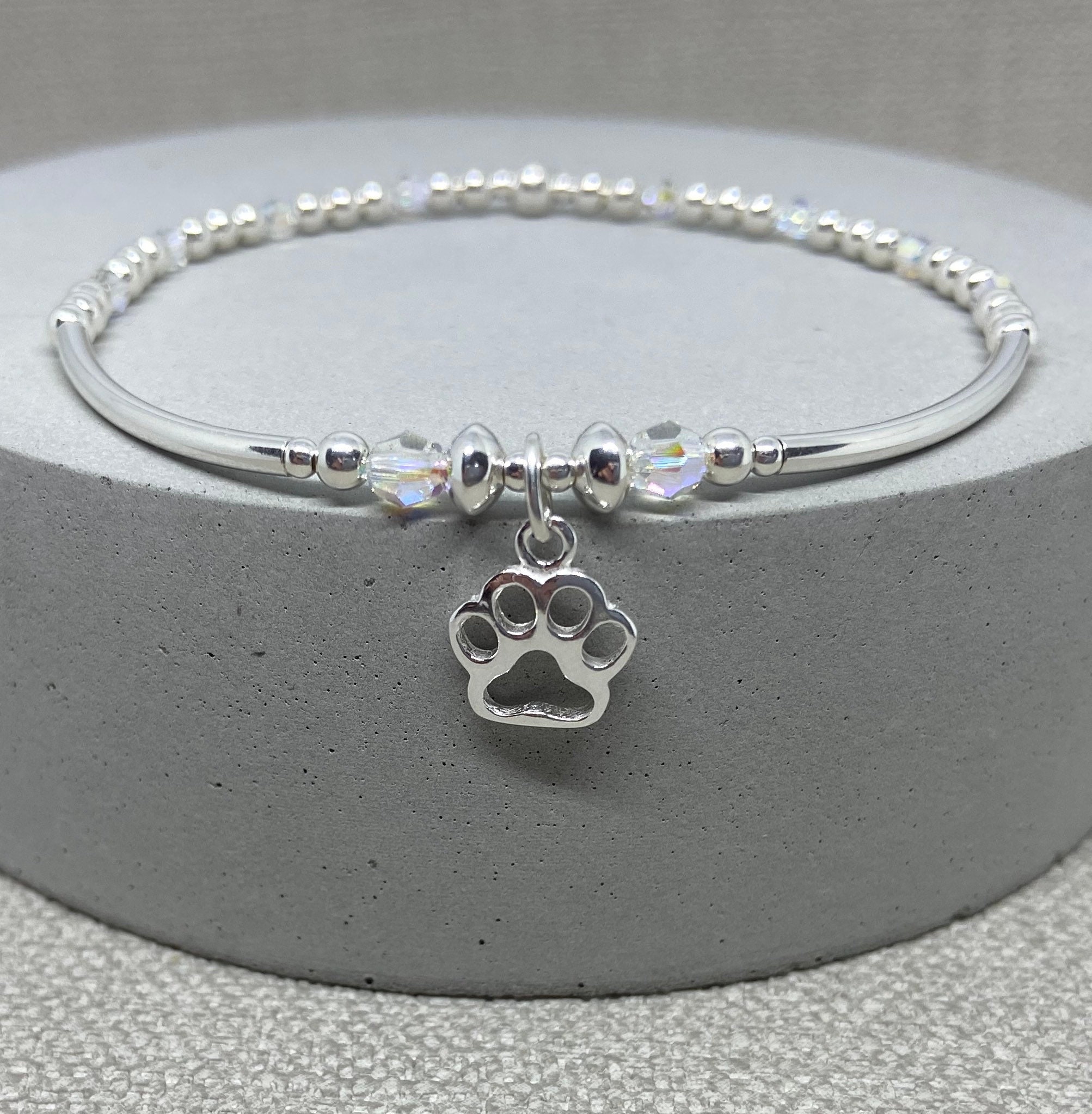 Sterling silver dog paw bracelet. Beaded stretch stacking Etsy