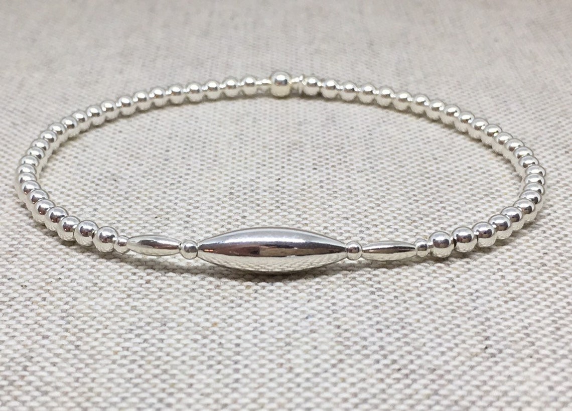 Sterling Silver 925 Beaded Stretch Stacking Bracelet With Oval Etsy UK