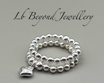 Sterling silver beaded stretch stacking rings with puff heart charm, silver ball beaded rings with heart charm, handmade stacking rings 925
